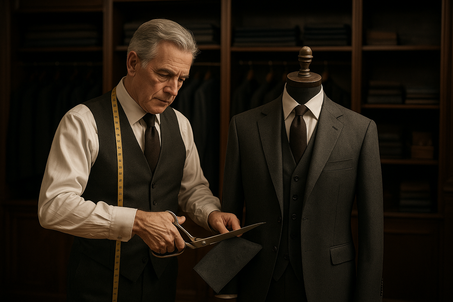 Retrato realista de un maestro sastre en plena labor, rodeado de estanterías con trajes y telas. Un homenaje a la artesanía, la precisión y la tradición británica.